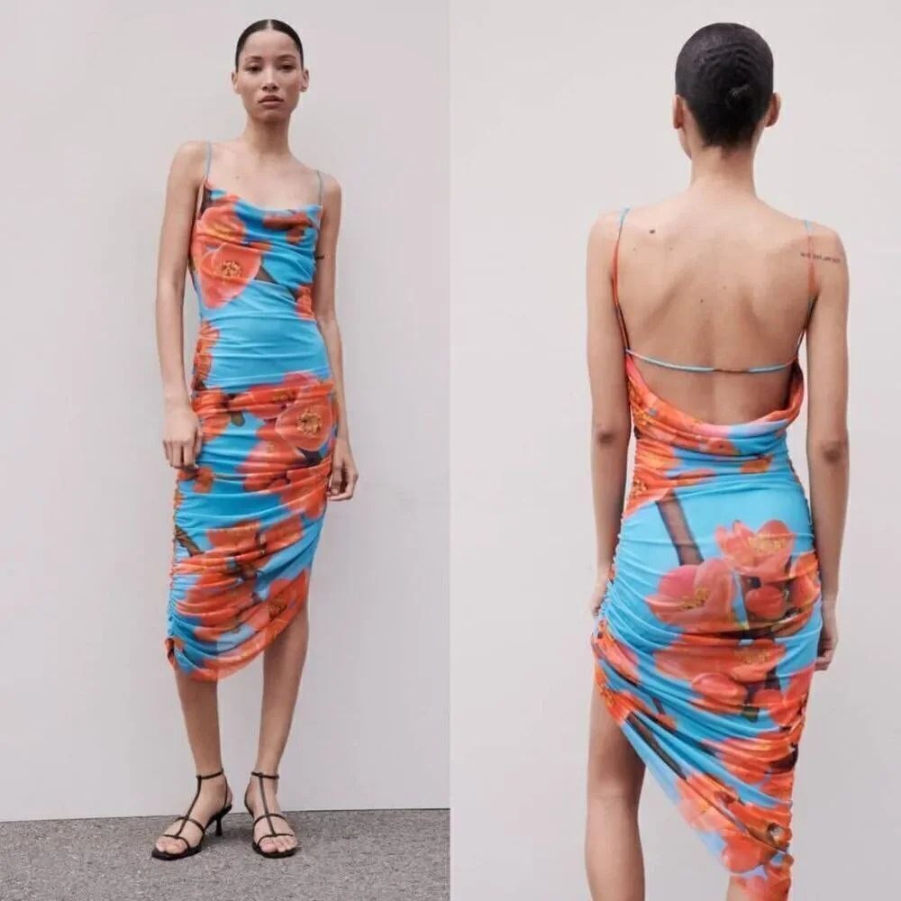 Zara Printed Draped Tulle Dress S NWT